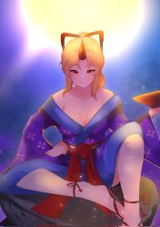 Rule 34 | 1girl, armpit crease, backlighting, bare shoulders, blonde hair, blue kimono, breasts, cleavage, closed mouth, commentary request, cup, eyebrows hidden by hair, floral print, foot out of frame, hair ribbon, hand on own hip, highres, holding, holding cup, horns, hoshiguma yuugi, hoshiguma yuugi (kimono), japanese clothes, kimono, knee up, light blush, light particles, long hair, looking at viewer, majime joe, medium breasts, night, night sky, off shoulder, oni horns, overexposure, ponytail, red eyes, red ribbon, red sash, ribbon, sakazuki, sandals, sash, single horn, sitting, sky, smile, solo, touhou