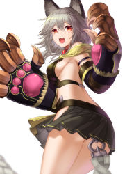 Rule 34 | 10s, 1girl, :3, :d, animal ears, arm belt, ass, back, belt, black skirt, blurry, blush, braid, breasts, claw (weapon), collar, cowboy shot, depth of field, erune, eyebrows, fang, from behind, from below, fur trim, gloves, granblue fantasy, grey hair, highres, long hair, looking back, miniskirt, mizuya nao, open mouth, paw print, pleated skirt, red eyes, sen (granblue fantasy), side slit, sideboob, simple background, single braid, skirt, smile, solo, weapon, white background