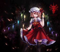 Rule 34 | 1girl, bad id, bad pixiv id, belt, black thighhighs, blonde hair, blood, blood splatter, chain, collar, dai (yamii), dark, english text, flandre scarlet, frilled collar, frilled shirt collar, frilled skirt, frills, grabbing another&#039;s wing, hat, hat ribbon, highres, insignia, looking at viewer, mob cap, nail polish, petals, red eyes, red nails, red skirt, red vest, ribbon, shadow, shirt, short hair, short sleeves, side ponytail, skirt, skirt grab, skirt set, smile, solo, thighhighs, tongue, tongue out, touhou, vest, white shirt, wings