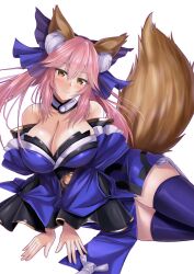 Rule 34 | 1girl, absurdres, animal ear fluff, animal ears, bare shoulders, blue bow, blue kimono, blue sleeves, blue thighhighs, blush, bow, breasts, brown eyes, brown tail, cela f, cleavage, closed mouth, commentary request, detached collar, detached sleeves, fate/extra, fate (series), fox ears, fox girl, fox tail, hair between eyes, hair bow, hands on ground, head tilt, highres, japanese clothes, kimono, kitsune, large breasts, long hair, looking at viewer, lying, on side, pink hair, simple background, smile, solo, split ponytail, tail, tamamo (fate), tamamo no mae (fate/extra), thighhighs, white background