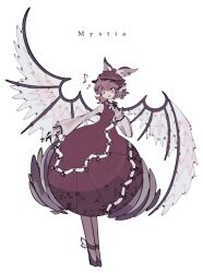 Rule 34 | 1girl, absurdres, animal ears, bird ears, bird wings, black footwear, brown dress, brown hat, brown pantyhose, character name, dress, earrings, eighth note, feathered wings, fingernails, full body, grey nails, harano kaguyama, hat, highres, jewelry, long fingernails, long sleeves, musical note, mystia lorelei, nail polish, open mouth, pantyhose, pink eyes, pink hair, sharp fingernails, shoes, short hair, simple background, single earring, smile, solo, touhou, white background, white wings, winged footwear, winged hat, wings