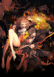 Rule 34 | 10s, 1boy, 1girl, armor, barefoot, blade &amp; soul, breasts, brown eyes, brown hair, ctype, dragon, fire, long hair, open mouth, short hair, sword, weapon