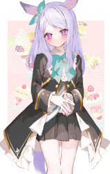 Rule 34 | 1girl, absurdres, animal ears, bad id, bad twitter id, black jacket, black skirt, blue bow, blue bowtie, blush, bow, bowtie, commentary request, ear bow, frilled jacket, frilled sleeves, frills, highres, hinamori (18ar0), horse ears, horse girl, horse tail, jacket, long hair, long sleeves, looking at viewer, mejiro mcqueen (umamusume), nail polish, own hands together, pleated skirt, purple eyes, red nails, skirt, solo, standing, swept bangs, tail, umamusume