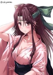 Rule 34 | 10s, 1girl, alternate costume, alternate hairstyle, arm behind head, bare shoulders, breasts, brown eyes, brown hair, cleavage, collarbone, commentary request, eyebrows, eyes visible through hair, floral print, hair between eyes, hair down, hair intakes, headband, japanese clothes, jintsuu (kancolle), jintsuu kai ni (kancolle), kantai collection, kimono, long hair, looking at viewer, medium breasts, obi, open clothes, open kimono, pink kimono, sakiyamama, sash, simple background, solo, twitter username, wide sleeves, yukata
