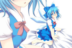 Rule 34 | 1girl, :o, bare legs, blue bow, blue dress, blue eyes, blue hair, blush, bow, bowtie, cirno, dress, hair bow, ice, ice wings, looking at viewer, matching hair/eyes, nose blush, on bed, puffy short sleeves, puffy sleeves, red bow, short hair, short sleeves, sitting, solo, takamichis211, touhou, wariza, wings