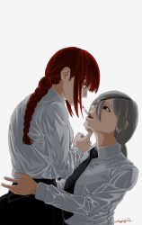 Rule 34 | 2girls, ass, black necktie, braid, braided ponytail, brown hair, business suit, chainsaw man, cigarette, cigarette kiss, couple, eyepatch, formal, girl on top, hair between eyes, hand on another&#039;s chin, highres, long hair, looking at viewer, makima (chainsaw man), multiple girls, necktie, office lady, open mouth, ponytail, quanxi (chainsaw man), ringed eyes, serious, shirt tucked in, smile, smoking, stargazypie u, suit, white hair, yellow eyes, yuri