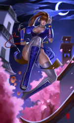 Rule 34 | 2girls, absurdres, architecture, arm guards, ayane (doa), blue dress, breasts, brown eyes, brown hair, building, cherry blossoms, choker, cleavage, closed mouth, cloud, crescent moon, dead or alive, dress, east asian architecture, fingers together, floating, from below, high heels, high ponytail, highres, holding, holding sword, holding weapon, jumping, kasumi (doa), lantern, large breasts, long hair, moon, multiple girls, night, night sky, ninja, pelvic curtain, ponytail, puffy sleeves, purple hair, ribbon, sheath, shin guards, siblings, side slit, sisters, sky, solo focus, sword, thighhighs, thighs, tower, unsheathing, wakizashi, wansai, weapon, weapon on back, white legwear, yellow ribbon