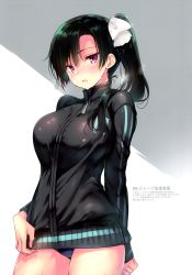 Rule 34 | 1girl, absurdres, arm at side, asymmetrical hair, black hair, black jacket, black one-piece swimsuit, breasts, breath, clothes pull, hair ribbon, highres, jacket, jacket pull, large breasts, one-piece swimsuit, open mouth, original, ponytail, red eyes, ribbon, sanshoku amido, simple background, solo, standing, swimsuit, swimsuit under clothes, thighs, wet
