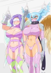 Rule 34 | 2girls, artistic error, blue eyes, blue hair, blush, breasts, butterfly hair ornament, butterfly wings, cleavage, closed mouth, corrupted twitter file, covered eyes, curvy, digimon, digimon (creature), digimon frontier, facial mark, fairimon, feathered wings, feet out of frame, garter straps, gloves, hair ornament, hair wings, harpy, head-mounted display, head wings, highres, insect wings, large breasts, long hair, looking at viewer, mask, midriff, monster girl, mouth mask, multiple girls, navel, otokamu, purple hair, revealing clothes, shiny skin, short hair, shutumon, thighhighs, thighs, thong, wide hips, wings
