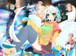 Rule 34 | 5girls, american flag, angel wings, argentina, australia, australian flag, black thighhighs, breasts, canada, chain, chibi, coat, digital media player, feathers, flag, france, green eyes, grey hair, hat, headphones, highres, ipod, japan, multiple girls, original, paint, paintbrush, pink hair, pleated skirt, short hair, skirt, slippers, small breasts, smock, star (symbol), sukage, thighhighs, turkey (country), united states, wings, zettai ryouiki