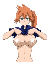Rule 34 | 1girl, boku no hero academia, breasts, breasts out, censored, clothes lift, green eyes, highres, kendou itsuka, large breasts, long hair, navel, censored nipples, orange hair, shirt lift, side ponytail, simple background, smile, solo, stomach, white background