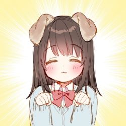 Rule 34 | 1girl, :3, ^ ^, animal ears, black hair, blue cardigan, blush, bow, cardigan, closed eyes, closed mouth, collared shirt, commentary request, dog ears, facing viewer, hands up, highres, long hair, long sleeves, original, paw pose, red bow, shirt, sleeves past wrists, solo, upper body, usashiro mani, white shirt