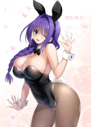 Rule 34 | 1girl, ;d, animal ears, bare shoulders, black bow, black bowtie, black leotard, blowing kiss, blue eyes, blush, bow, bowtie, braid, braided ponytail, breasts, bunny day, cleavage, covered navel, dated, detached collar, fake animal ears, hair intakes, hair over shoulder, heart, heart background, kanon, large breasts, leotard, long hair, looking at viewer, mature female, minase akiko, mitarashi kousei, one eye closed, open mouth, pantyhose, playboy bunny, purple eyes, purple hair, rabbit ears, rabbit tail, single braid, smile, solo, spoken heart, strapless, strapless leotard, tail, waving, wrist cuffs