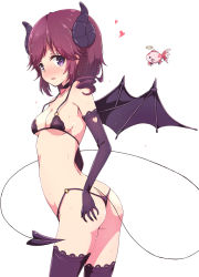 Rule 34 | 1girl, ass, bikini, black bikini, black gloves, black horns, black thighhighs, blush, breasts, commentary request, curled horns, demon girl, demon horns, demon tail, demon wings, elbow gloves, fish, gloves, highres, horns, looking at viewer, machikado mazoku, medium breasts, mel (melty pot), o-ring, o-ring bikini, o-ring bottom, o-ring top, open mouth, purple eyes, purple hair, short hair, simple background, solo, sweat, swimsuit, tail, thighhighs, white background, wings, yoshida ryouko
