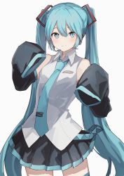 Rule 34 | 1girl, absurdres, bare shoulders, black skirt, black thighhighs, blue hair, blue necktie, closed mouth, cowboy shot, detached sleeves, hatsune miku, headset, highres, long hair, looking at viewer, necktie, pleated skirt, shiratakiseaice, shirt, simple background, skirt, smile, solo, standing, thighhighs, twintails, vocaloid, white background, white shirt