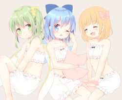 Rule 34 | 3girls, :d, ;o, bare shoulders, blonde hair, bloomers, blue eyes, blue hair, bow, bra, child, cirno, closed eyes, collarbone, commentary request, daiyousei, fairy wings, fang, green eyes, green hair, hair bow, hair ornament, hair scrunchie, hugging object, long hair, looking at viewer, mimi (mimi puru), multiple girls, navel, one eye closed, open mouth, pillow, pillow hug, rubbing eyes, rumia, scrunchie, short hair, side ponytail, smile, touhou, underwear, underwear only, wings, wrist scrunchie, |d