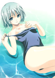 Rule 34 | 1girl, bare shoulders, beach, blue eyes, breasts, clothes pull, koutaro, lying, nipples, non-web source, one-piece swimsuit, one-piece swimsuit pull, original, pulling own clothes, school swimsuit, short hair, silver hair, small breasts, solo, swimsuit, water