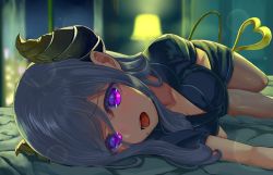 Rule 34 | 1girl, nanashi inc., absurdres, blurry, blurry background, breasts, demon tail, futayamam2, grey hair, highres, honey strap, horns, indoors, lamp, light blush, looking at viewer, lying, medium breasts, mole, mole under mouth, on side, open mouth, purple eyes, saionji mary, shorts, solo, tail, virtual youtuber