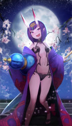 Rule 34 | 1girl, absurdres, bad id, bad pixiv id, bare shoulders, bob cut, breasts, cherry blossoms, fangs, fate/grand order, fate (series), full moon, highres, horns, japanese clothes, kimono, looking at viewer, moon, navel, oni, open mouth, pointy ears, purple eyes, purple hair, short hair, shuten douji (fate), shuten douji (first ascension) (fate), skin-covered horns, smile, solo, standing, wse