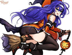 Rule 34 | 1girl, artist name, bare shoulders, black gloves, black thighhighs, broom, broom riding, dated, detached sleeves, elbow gloves, fingerless gloves, fire emblem, fire emblem: path of radiance, fire emblem: radiant dawn, fire emblem heroes, gloves, green eyes, hairband, hat, jack-o&#039;-lantern, long hair, mia (fire emblem), mina cream, miniskirt, nintendo, official alternate costume, orange sleeves, skirt, smile, solo, thighhighs, white background, white hairband, witch, witch hat