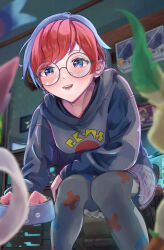 Rule 34 | 1girl, :d, absurdres, berry (pokemon), blue hair, blurry, blurry foreground, bowl, commentary request, creatures (company), depth of field, eyelashes, game freak, gen 4 pokemon, gen 6 pokemon, glasses, grey eyes, highres, holding, holding bowl, hood, hoodie, indoors, leafeon, long sleeves, looking down, manta shinkai, multicolored hair, nintendo, open mouth, pantyhose, penny (pokemon), pet bowl, poke ball print, pokemon, pokemon (creature), pokemon sv, print pantyhose, red hair, round eyewear, short hair, smile, squatting, sylveon, teeth, tongue, two-tone hair