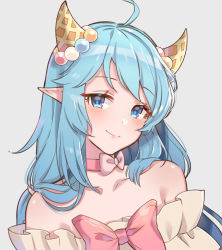 Rule 34 | 1girl, ahoge, bare shoulders, blue eyes, blue hair, blush, bow, bowtie, chibi vanille, choker, closed mouth, collarbone, commentary request, grey background, king&#039;s raid, laias (king&#039;s raid), long hair, looking at viewer, pink choker, pink neckwear, pointy ears, simple background, smile, upper body