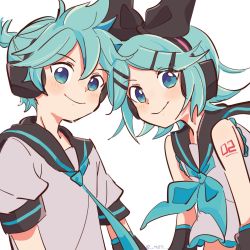 Rule 34 | 1boy, 1girl, alternate color, alternate hair color, aqua eyes, aqua hair, aqua neckerchief, aqua necktie, bare shoulders, black bow, black collar, black sleeves, blush, bow, brother and sister, collar, commentary, crop top, detached sleeves, grey shirt, hair bow, hair ornament, hairclip, headphones, highres, kagamine len, kagamine rin, leaning forward, light blush, looking at viewer, m0ti, neckerchief, necktie, one-hour drawing challenge, sailor collar, school uniform, shirt, short hair, short ponytail, short sleeves, shoulder tattoo, siblings, sleeveless, sleeveless shirt, smile, spiked hair, swept bangs, tattoo, twins, upper body, vocaloid, white background