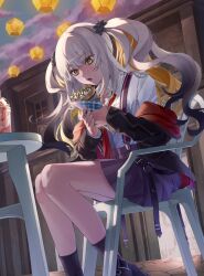 Rule 34 | 1girl, crepe, dress, eating, fate/grand order, fate (series), food, grey hair, highres, ina (rimuna 1228), jacket, long hair, long sleeves, looking at viewer, marie antoinette (alter) (fate), marie antoinette (alter) (first ascension) (fate), marie antoinette (fate), off shoulder, school uniform, shirt, sidelocks, sitting, skirt, socks, solo, thighs, twintails, two side up, white dress, white hair, white jacket, white shirt, yellow eyes