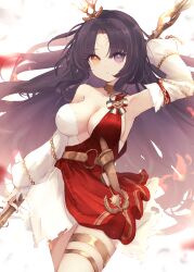 Rule 34 | 1girl, absurdres, armpits, asymmetrical dress, azur lane, black hair, breasts, center opening, cowboy shot, detached sleeves, dress, heterochromia, highres, holding, holding polearm, holding weapon, long hair, medium breasts, polearm, polearm behind back, purple eyes, red dress, reizouko, roma (azur lane), short dress, simple background, solo, thigh strap, very long hair, weapon, white background, white dress, yellow eyes