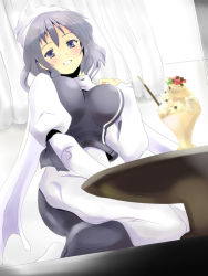 Rule 34 | 1girl, bad id, bad pixiv id, blush, breasts, dutch angle, female focus, hat, head tilt, large breasts, letty whiterock, light purple hair, md5 mismatch, nanasuno, open mouth, parfait, purple eyes, resized, short hair, solo, table, touhou