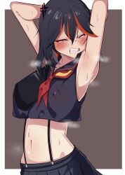 Rule 34 | 1girl, absurdres, anger vein, angry, armpits, arms behind head, arms up, bare shoulders, black hair, black serafuku, black shirt, black skirt, breasts, clenched teeth, crop top, crop top overhang, half-closed eyes, heavy breathing, highres, kill la kill, kkry99, large breasts, looking at viewer, matoi ryuuko, midriff, multicolored hair, navel, neckerchief, pleated skirt, presenting armpit, sailor collar, school uniform, serafuku, shirt, short hair, skirt, sleeveless, sleeveless shirt, solo, stomach, streaked hair, suspenders, sweat, teeth, upper body, v-shaped eyebrows