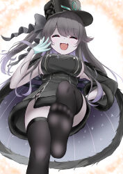 Rule 34 | 1girl, absurdres, azur lane, black coat, black hair, black hat, black thighhighs, blue gloves, breasts, buttons, closed eyes, coat, dress, fang, from below, fur-trimmed coat, fur trim, gloves, gradient hair, hand on own hip, hat, highres, large breasts, laughing, multicolored hair, open mouth, paashe, pamiat merkuria (azur lane), pamiat merkuria (meta) (azur lane), peaked cap, purple hair, short dress, skin fang, smile, solo, swept bangs, textless version, thighhighs