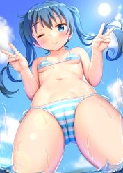 Rule 34 | 1girl, bikini, blue eyes, blue hair, blue sky, blush, breasts, cameltoe, cedar (cedar japonica), cloud, cloudy sky, collarbone, commentary request, dot nose, double v, from below, in water, kin-iro mosaic, komichi aya, long hair, looking at viewer, navel, one eye closed, partially submerged, sky, small breasts, smile, solo, stomach, striped bikini, striped clothes, sun, swimsuit, thighs, v, water, water drop, wet