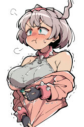 Rule 34 | 1girl, :t, ahoge, black gloves, blue eyes, blush, bracelet, breasts, closed mouth, collar, cropped torso, elphelt valentine, fingerless gloves, gloves, grey hair, guilty gear, guilty gear strive, hairband, inconvenient breasts, itsuka neru, jewelry, large breasts, nose blush, short hair, simple background, solo, spiked bracelet, spiked collar, spiked hairband, spikes, upper body, white background, zipper, zipper pull tab, zipping