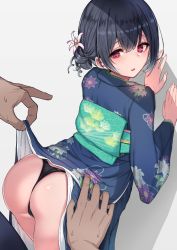 Rule 34 | 1girl, ass, black panties, blue hair, blue kimono, blush, clothes lift, cure slum, embarrassed, floral print, flower, from behind, hair flower, hair ornament, idolmaster, idolmaster shiny colors, japanese clothes, kimono, kimono lift, looking back, morino rinze, obi, panties, red eyes, sash, short hair, simple background, solo, underwear, white background