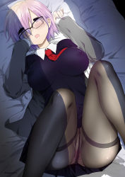 Rule 34 | 1girl, :o, absurdres, bed sheet, black-framed eyewear, blush, breasts, collared shirt, covered erect nipples, crotch seam, cyonmage, dutch angle, eyes visible through hair, fate/grand order, fate (series), glasses, hair over one eye, half-closed eyes, hands up, highres, hood, hoodie, large breasts, looking at viewer, lying, mash kyrielight, necktie, on back, on bed, open mouth, panties, panties under pantyhose, pantyhose, pillow, purple eyes, purple hair, red necktie, shirt, short hair, solo, thighband pantyhose, underwear, white shirt