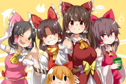 Rule 34 | 5girls, ascot, benikurage (cookie), black hair, blunt bangs, blush, bow, breasts, brown eyes, brown hair, cat, closed mouth, commentary request, cookie (touhou), cup, detached sleeves, dolphin, elbow gloves, frilled bow, frilled hair tubes, frilled shirt collar, frills, gloves, grin, hair between eyes, hair bow, hair tubes, hakurei reimu, highres, holding, holding wand, horn bow, horn ornament, horns, ibuki suika, kanna (cookie), long hair, looking at viewer, medium breasts, medium hair, middle finger, multiple girls, one eye closed, orange hair, parted bangs, pink bow, pink shirt, pink skirt, purple bow, red bow, red eyes, red shirt, red skirt, reu (cookie), sananana (cookie), shirt, skirt, sleeveless, sleeveless shirt, smile, solid oval eyes, touhou, upper body, v, wand, white gloves, white sleeves, yamin (cookie), yellow ascot, yellow background, yin yang, yumekamaborosh, yunomi