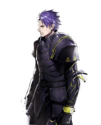 Rule 34 | 1boy, armor, backlighting, berserker (fate/zero), black armor, facial scar, fate/grand order, fate (series), feet out of frame, from side, highres, kasei yukimitsu, lancelot (fate/grand order), looking to the side, male focus, pauldrons, purple hair, scar, scar on cheek, scar on face, short hair, shoulder armor, solo, spoilers, white background