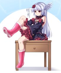 Rule 34 | 1girl, black dress, boots, detached sleeves, dress, flower, frilled dress, frills, hair flower, hair ornament, highres, kyuutou (kyuutouryuu), long hair, original, pink footwear, red eyes, rose, rubber boots, shoe soles, sitting, sitting on table, solo, table, translation request, white hair