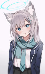 Rule 34 | 1girl, animal ear fluff, animal ears, bad id, bad pixiv id, black jacket, black skirt, blue archive, blue eyes, blue necktie, blue scarf, blush, commentary request, fringe trim, goyain, grey background, grey hair, hair between eyes, hair ornament, halo, jacket, long hair, looking at viewer, necktie, open clothes, open jacket, parted lips, pleated skirt, scarf, shiroko (blue archive), simple background, skirt, solo, twitter username