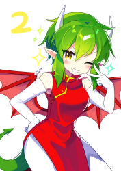 Rule 34 | 1girl, absurdres, blush, breasts, china dress, chinese clothes, draco centauros, dragon girl, dragon horns, dragon tail, dragon wings, dress, elbow gloves, gloves, green hair, grin, hand on own hip, highres, horns, looking at viewer, medium breasts, offbeat, one eye closed, pants, parted lips, pointy ears, puyopuyo, red dress, short hair, simple background, smile, solo, tail, teeth, v, white background, white gloves, white pants, wings