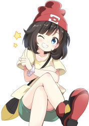 Rule 34 | 1girl, bag, beanie, blue eyes, brown hair, collarbone, commentary request, creatures (company), crossed legs, eyelashes, game freak, green shorts, hat, index finger raised, looking at viewer, massala, nintendo, one eye closed, pokemon, pokemon sm, red hat, selene (pokemon), shirt, shoes, short sleeves, shorts, shoulder bag, simple background, smile, solo, star (symbol), t-shirt, white background, yellow bag, z-ring