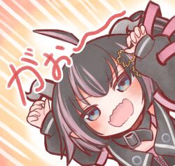 Rule 34 | 1girl, belt, belt collar, black belt, black hair, black jacket, blue eyes, blush, chibi, claw pose, collar, commentary request, demon girl, demon horns, fangs, flower, grey horns, hair flower, hair ornament, hair ribbon, highres, horns, jacket, long hair, medium bangs, multicolored hair, nanashi inc., oinomori may, oinomori may (1st costume), one side up, open mouth, pink hair, pink ribbon, pointy ears, powercandy, ribbon, skin fangs, solo, translation request, two-tone hair, upper body, v-shaped eyebrows, virtual youtuber