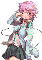 Rule 34 | 10s, 1girl, ;o, buttons, cowboy shot, dress shirt, fang, headphones, headphones around neck, jacket, kantai collection, long sleeves, look-alike, mataichi mataro, one eye closed, open clothes, open jacket, personification, pleated skirt, purple hair, rubbing eyes, school uniform, shirt, short hair, simple background, skirt, solo, standing, tama (kancolle), track jacket, white background, white shirt, yawning
