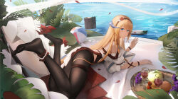 Rule 34 | 1girl, anklet, apple, arknights, ball, beachball, bead anklet, black pantyhose, blonde hair, blue eyes, cherry, cup, day, dragon girl, dragon horns, drinking glass, feet up, food, fruit, grapes, highres, horns, jewelry, leaf, ling dianxia, log, long hair, looking at viewer, orange (fruit), outdoors, pantyhose, saileach (arknights), saileach (summer flowers) (arknights), solo, very long hair, water, wine glass