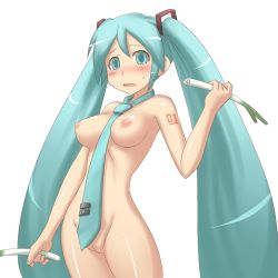 Rule 34 | 1girl, aaaa (quad-a), aqua eyes, aqua hair, bad id, bad pixiv id, between breasts, blush, breasts, cleft of venus, female focus, hair ribbon, hatsune miku, highres, holding, long hair, naked necktie, necktie, nipples, nude, open mouth, pussy, ribbon, simple background, solo, spring onion, standing, sweatdrop, tattoo, twintails, uncensored, very long hair, vocaloid, white background