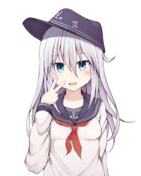 Rule 34 | 1girl, :d, absurdres, anchor symbol, black hat, black sailor collar, blue eyes, breasts, commentary request, flat cap, hair between eyes, hand up, hat, hibiki (kancolle), highres, kantai collection, long hair, long sleeves, neckerchief, open mouth, red neckerchief, sailor collar, school uniform, serafuku, shirt, simple background, small breasts, smile, solo, tateishi kureha, v, white background, white shirt