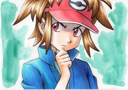Rule 34 | 1boy, blue jacket, bodysuit, brown hair, clenched hand, closed mouth, commentary, creatures (company), eyelashes, frown, game freak, green background, hand up, hat, high collar, highres, jacket, male focus, nate (pokemon), nintendo, oka mochi, pokemon, pokemon adventures, red eyes, red hat, short hair, solo, traditional media, upper body, v-shaped eyebrows, visor cap