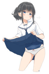 Rule 34 | 1girl, ascot, black hair, blue ascot, blue eyes, blue one-piece swimsuit, blue skirt, blush, clothes lift, contrapposto, cropped legs, highres, lifted by self, one-piece swimsuit, original, panties over clothes, retsumaru, sailor collar, school uniform, serafuku, shirt, short sleeves, side ponytail, simple background, skirt, skirt lift, smile, smug, solo, swimsuit, swimsuit under clothes, uniform, white background, white sailor collar, white shirt