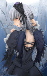 Rule 34 | 00s, 1girl, adjusting hair, back, chakabo, doll joints, dress, hairband, highres, joints, long hair, looking back, rozen maiden, silver hair, slit pupils, solo, suigintou, wings